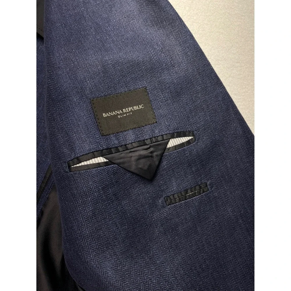 NWOT Banana Republic 42R Navy Linen Herringbone‎ Blazer Slim Fit Tailored Sport